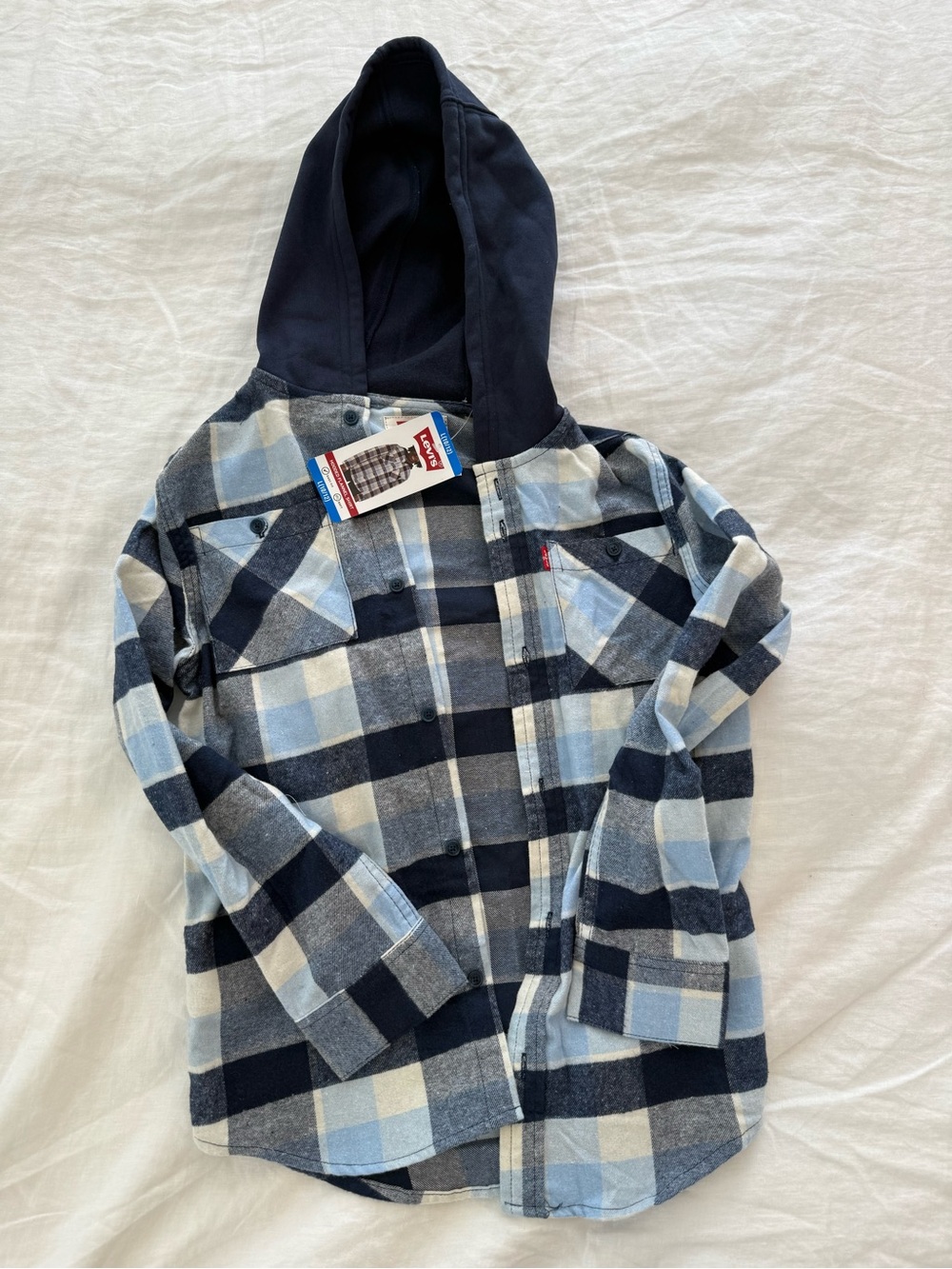 NWT Levi’s Boys Hooded Flannel Shirt Blue Plaid Size Large 10-12
